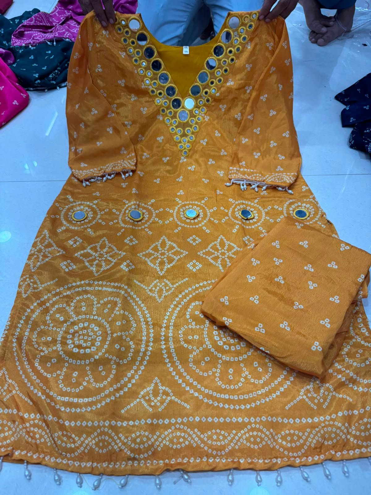 Presenting Beautiful Heavy quality Power loom Crushef Chinon Silk Fabric designer festive wear 2pc Cord-Sets with one with Crape Lining - Image 10
