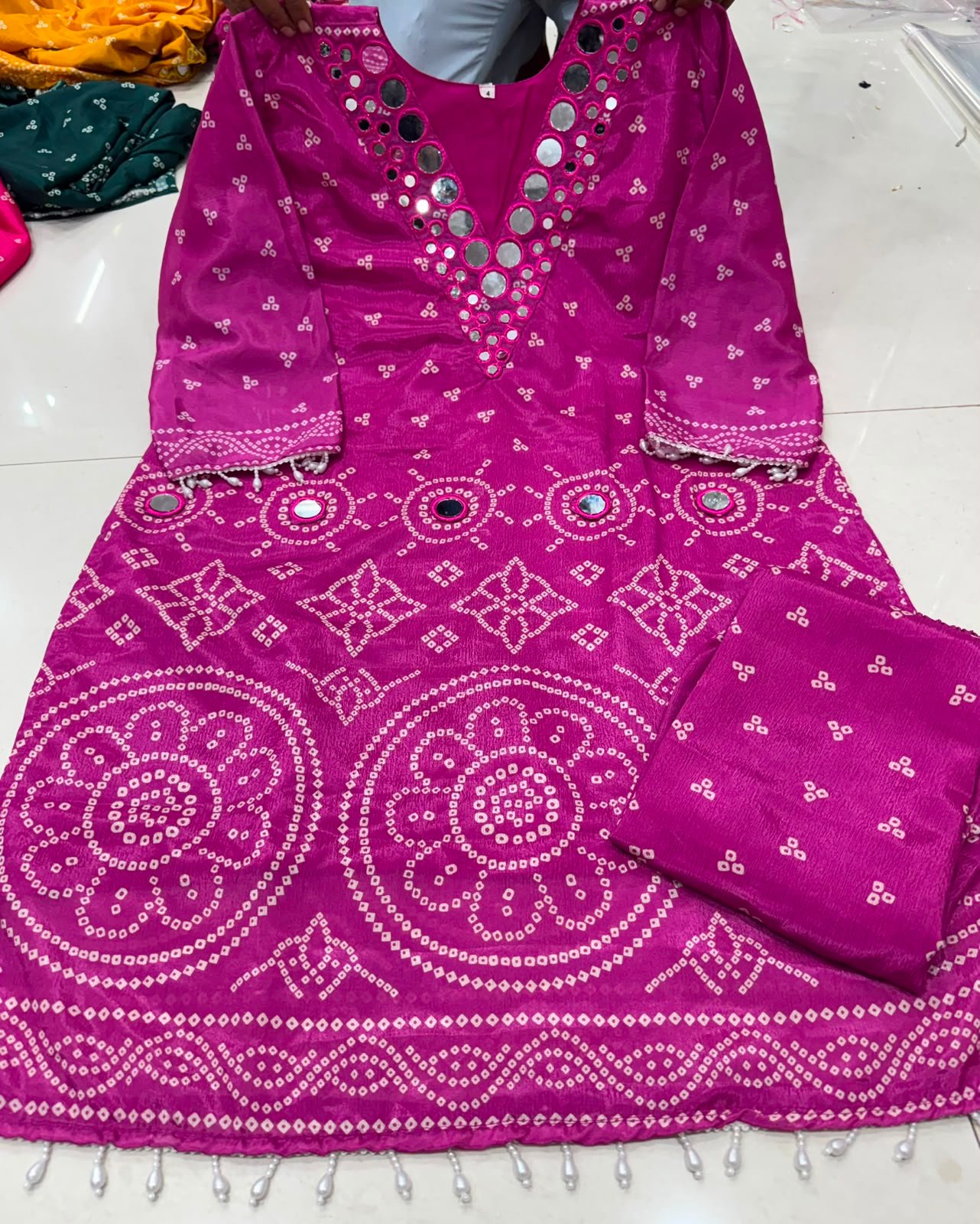 Presenting Beautiful Heavy quality Power loom Crushef Chinon Silk Fabric designer festive wear 2pc Cord-Sets with one with Crape Lining - Image 6