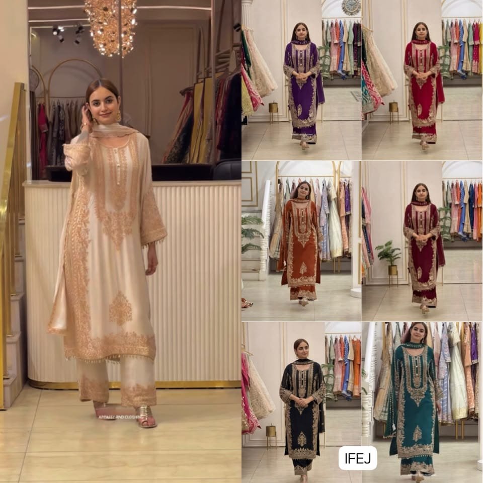 Presenting New Collection In Faux Georgette With Heavy Embroidery Sequence Work Top-Bottom And Dupatta Set Fully Stitched Ready To Wear - Image 5