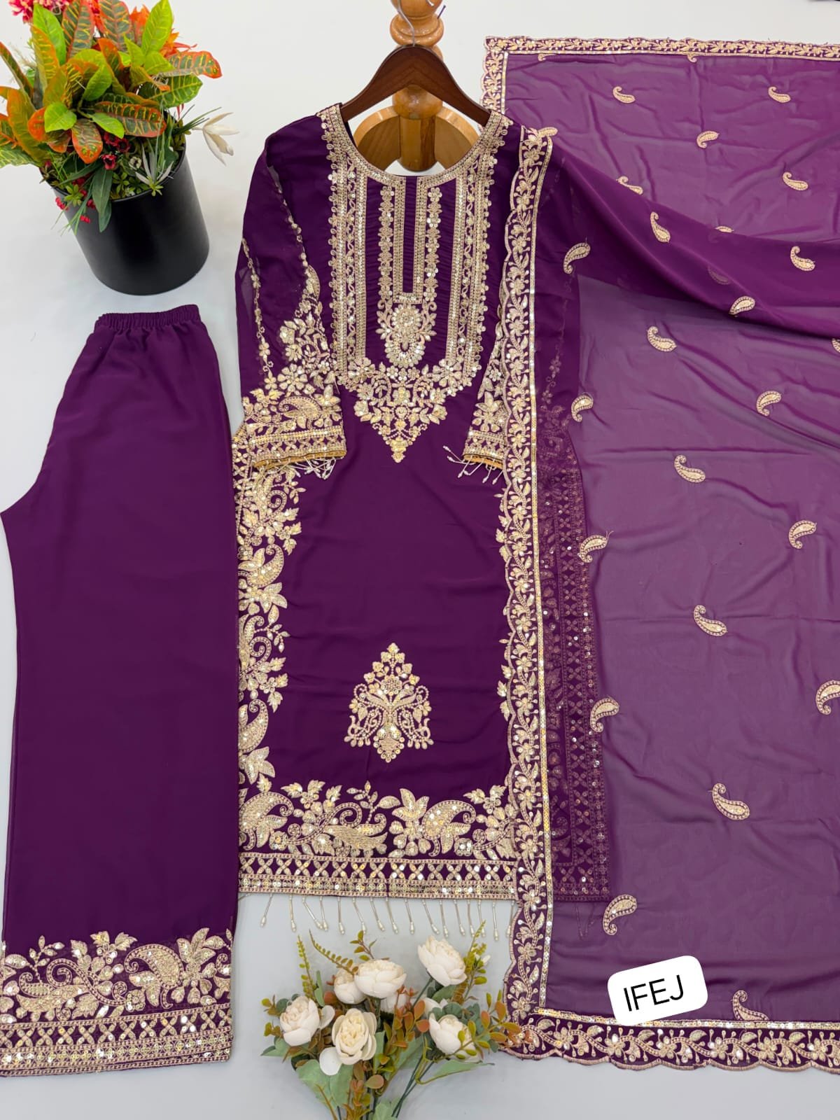 Presenting New Collection In Faux Georgette With Heavy Embroidery Sequence Work Top-Bottom And Dupatta Set Fully Stitched Ready To Wear - Image 4