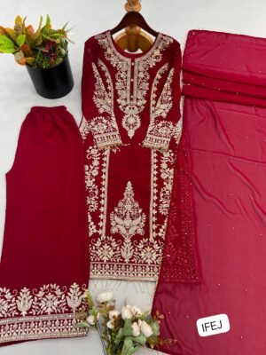 Alternative view of Presenting New Designer Collection In Faux Georgette With Heavy Embroidery Sequence Work Top-Bottom And Dupatta Set Fully Stitched Ready To Wear