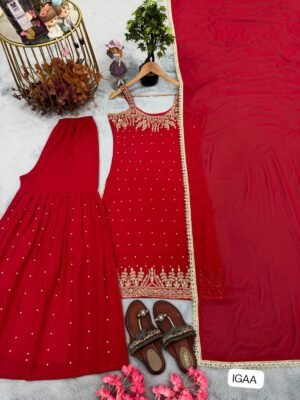 Alternative view of Đěsigner Party Wear Look Pur Heavy Faux Georgette Top Plazzo & Dupatta Set