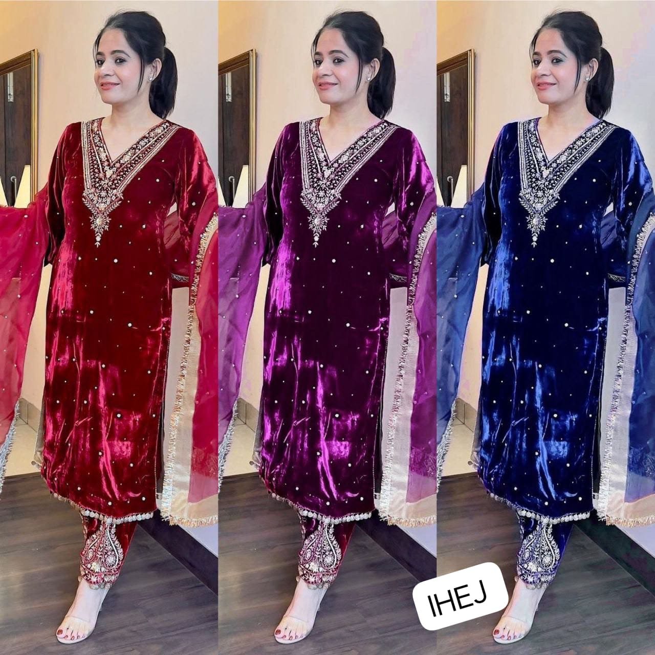 thread with Sequnce with rivet Moti and Lace broder Viscos velvet - Image 4