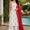 MC 1092 WHITE FLORAL KURTI SET WITH DUPATTA