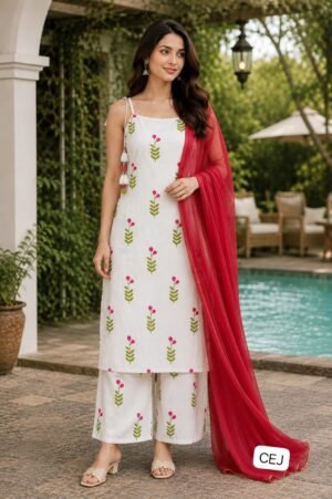 MC 1092 WHITE FLORAL KURTI SET WITH DUPATTA