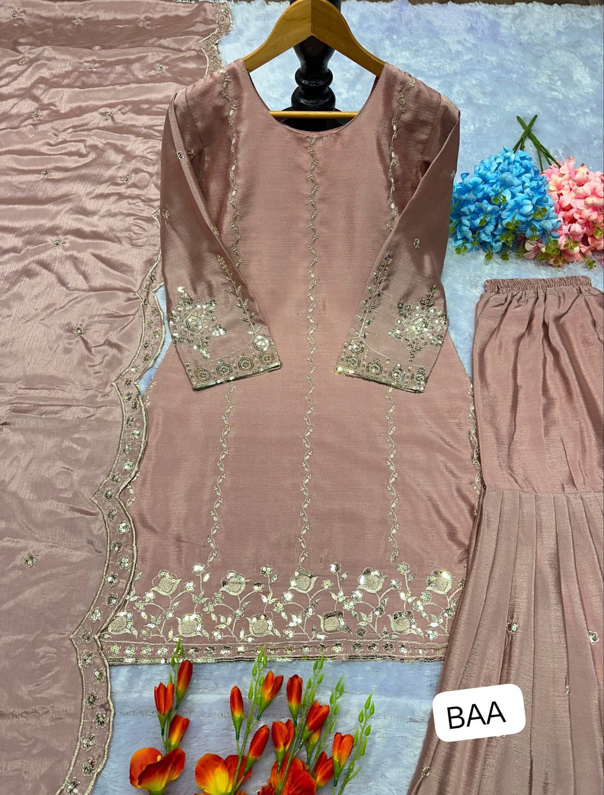 AK LUNCHING NEW ĐĚSIGNER PARTY WEAR TOP AND SARARA. WITH FANCY DUPPATA WITH EMBROIDERY WORK - Image 2