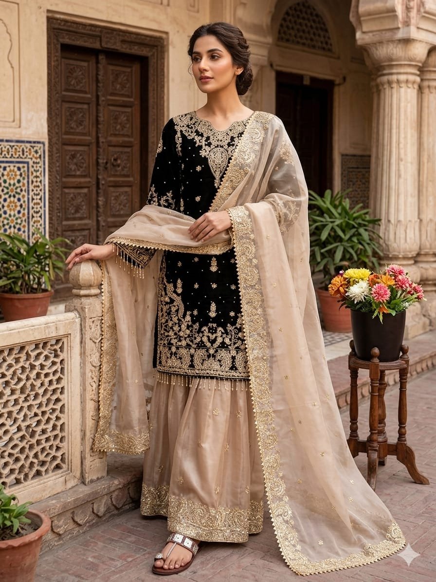 Presenting New Designer Party wear Eid Collection Pure Heavy GMY SILK With Heavy Embroidery Coding Dori-Sequence Work Top-Bottom And Dupatta Set Fully Stitched Ready To Wear - Image 5