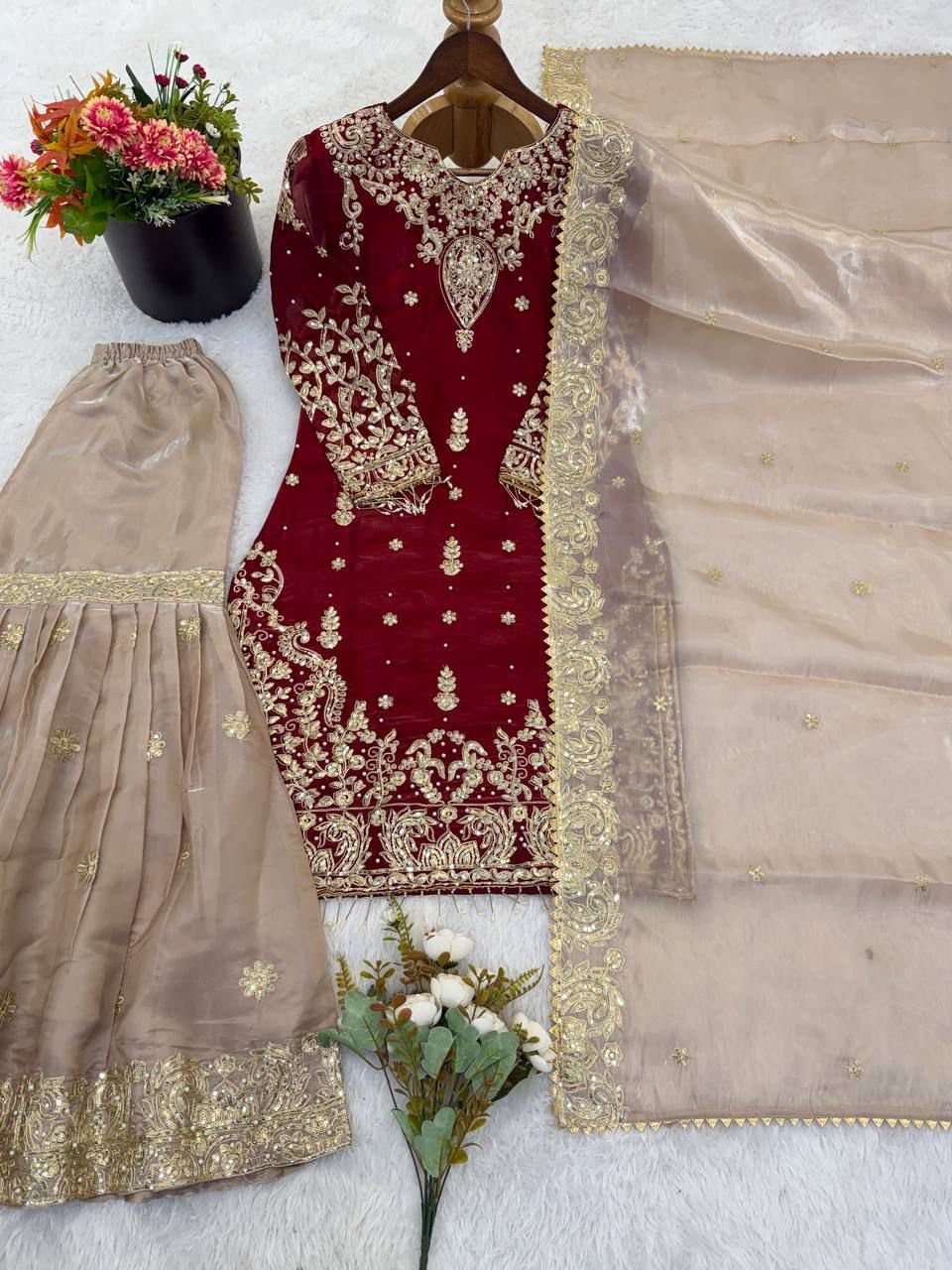Presenting New Designer Party wear Eid Collection Pure Heavy GMY SILK With Heavy Embroidery Coding Dori-Sequence Work Top-Bottom And Dupatta Set Fully Stitched Ready To Wear - Image 4