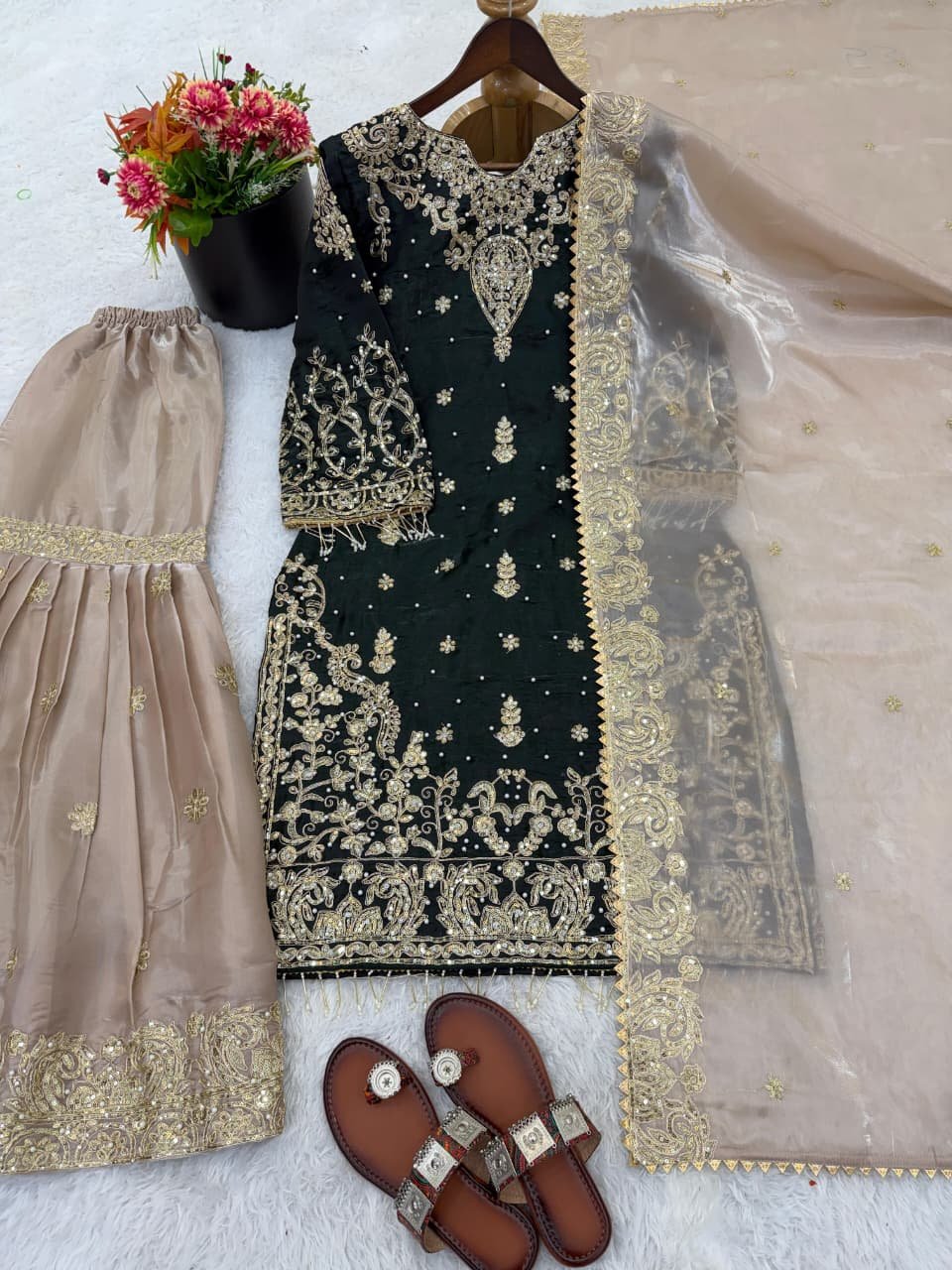 Presenting New Designer Party wear Eid Collection Pure Heavy GMY SILK With Heavy Embroidery Coding Dori-Sequence Work Top-Bottom And Dupatta Set Fully Stitched Ready To Wear - Image 6