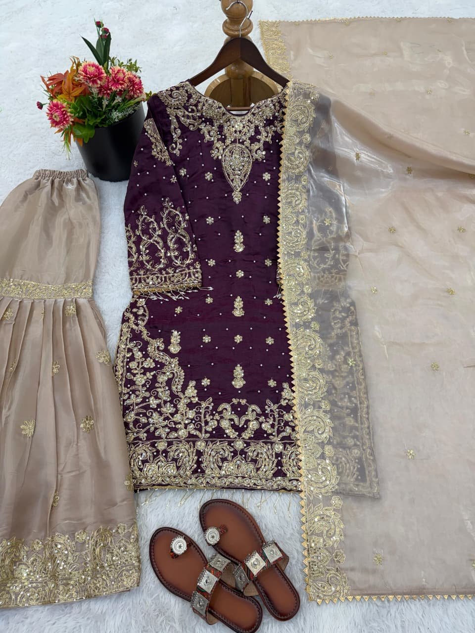 Presenting New Designer Party wear Eid Collection Pure Heavy GMY SILK With Heavy Embroidery Coding Dori-Sequence Work Top-Bottom And Dupatta Set Fully Stitched Ready To Wear - Image 8