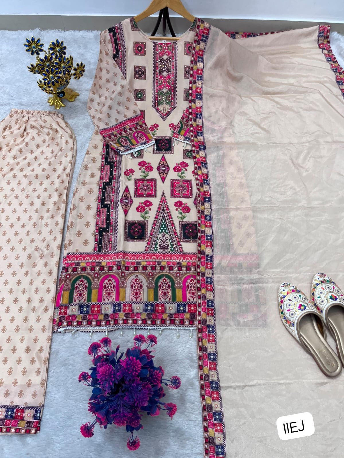DESIGNER WEAR TRENDING TOP WITH PRINTED WORK AND STONE WORK TOP PLAZZO WITH DUPATTA SET - Image 2