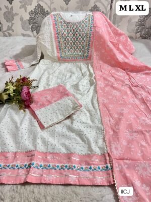 Alternative view of Cotton sifly & cotton nyra cut kurti with lineing sequence emb work with gota lace. cotton print pant & dupptta 