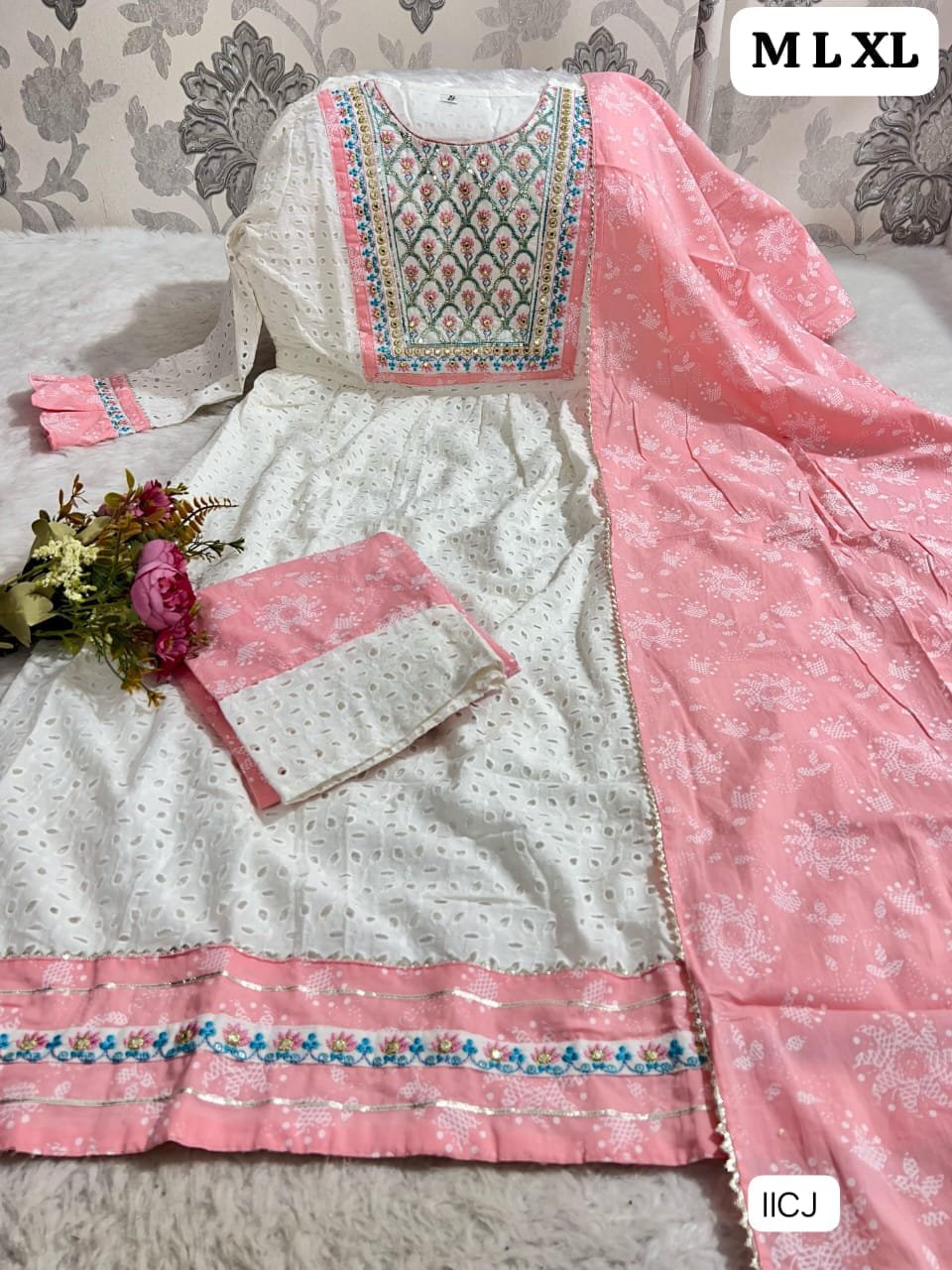 Cotton sifly & cotton nyra cut kurti with lineing sequence emb work with gota lace. cotton print pant & dupptta - Image 2