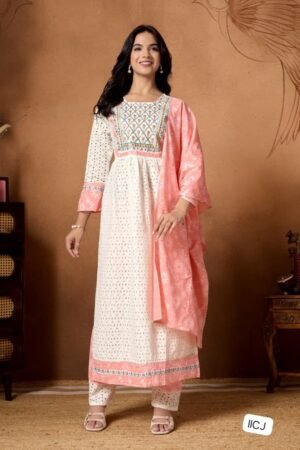 Cotton sifly & cotton nyra cut kurti with lineing sequence emb work with gota lace. cotton print pant & dupptta 