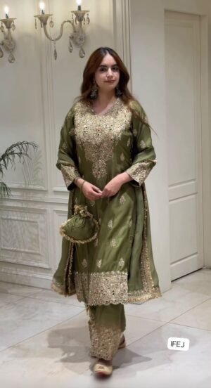 Presenting New Designer Collection In Roman simmer silk With Embroidery Work Top-Bottom And Dupatta Set Fully Stitched Ready To Wear