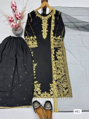 NEW DESIGNER EID SPECIAL HEAVY EMBROIDERY CHINE SEQUENCE WORK 3 PIS SUIT SET