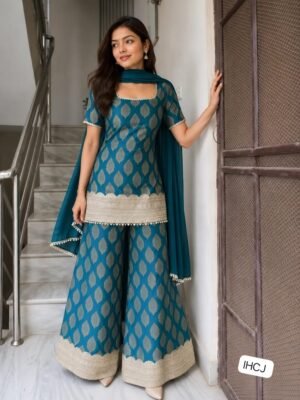 Elevate your ethnic wardrobe with this elegant Banarasi Sharara Set,