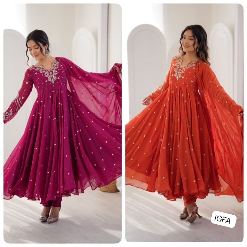 Presenting New Designer Collection In Faux Georgette With Embroidery Work Gown And Dupatta Set - Image 3