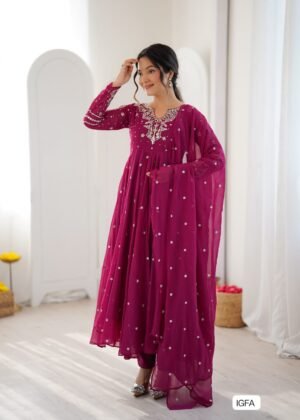 Presenting New Designer Collection In Faux Georgette With Embroidery Work Gown And Dupatta Set 