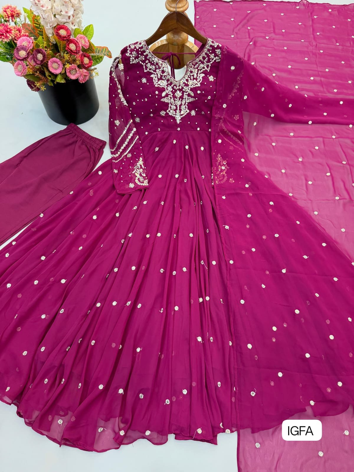 Presenting New Designer Collection In Faux Georgette With Embroidery Work Gown And Dupatta Set - Image 2