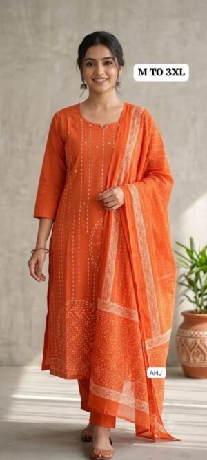 Elevate your everyday and festive wardrobe with this beautiful, vibrant three-piece ethnic salwar suit set. Crafted from high-quality, breathable pure cotton fabric, it ensures maximum comfort all day long.