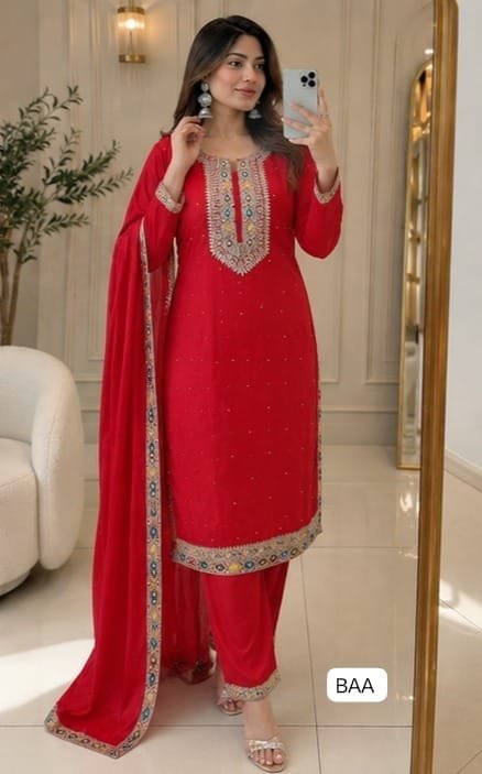 Festive & Party Wear Heavy Chinon Silk Embroidered Sequence & Diamond Handwork Ready-to-Wear Top, Bottom & Dupatta Set
