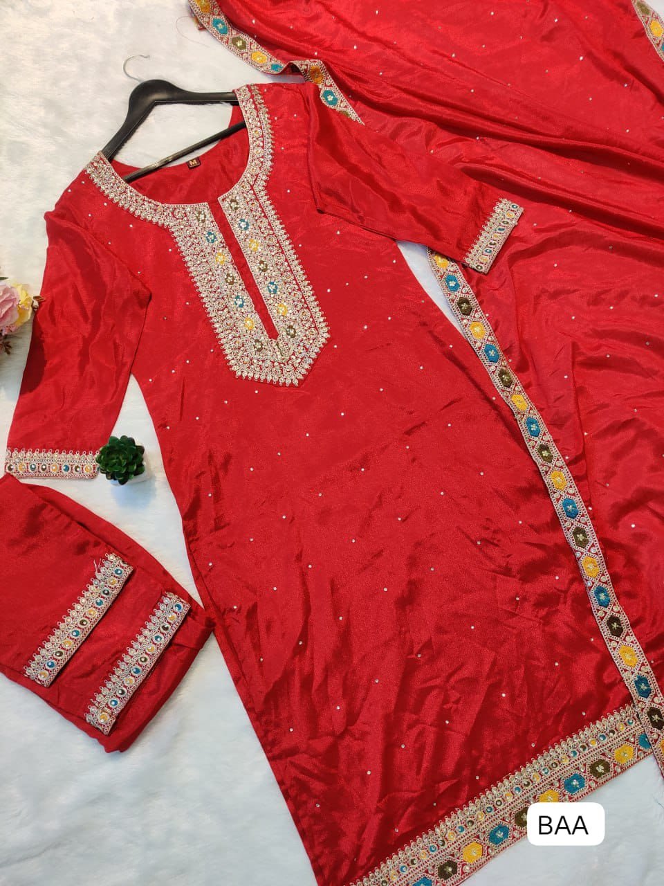 Festive & Party Wear Heavy Chinon Silk Embroidered Sequence & Diamond Handwork Ready-to-Wear Top, Bottom & Dupatta Set - Image 2