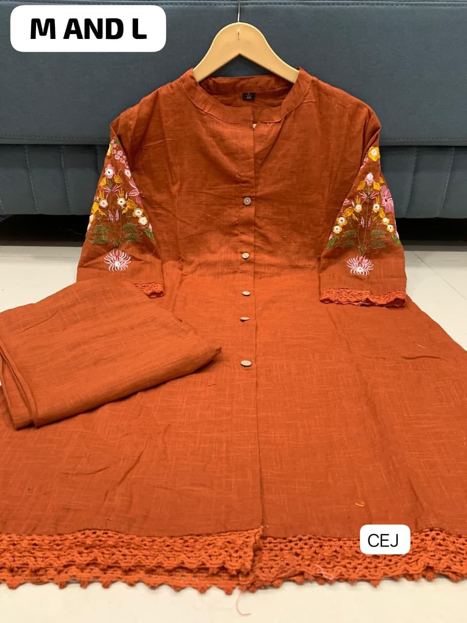 New designer cotton slub co-ord set embroidery in hand and back side 🪡Crotchet work lace in top Front in button - Image 2