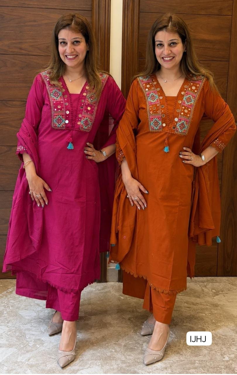 Pure Fine Cotton Fabric Embroidery Work Kurti With Pant With Cotton 100-100 Dupatta