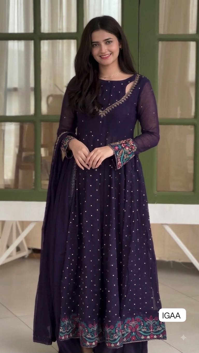 Presenting New Designer Collection In Faux Georgette With Embroidery Work Anarkali Gown And Dupatta Set Fully Stitched Ready To Wear