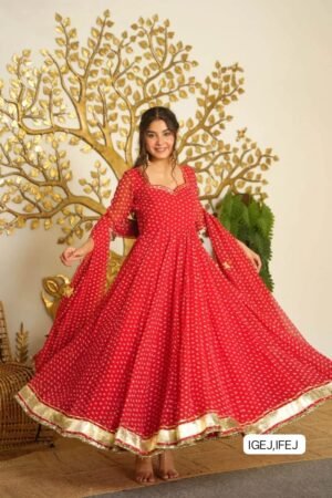 Elegant Georgette Bandhani Flared Gown with Dupatta