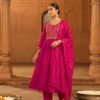 WOMEN'S HEAVY VISCOSE SILK EMBROIDERED FLARED KURTI, PANT & DUPPATA SET'S