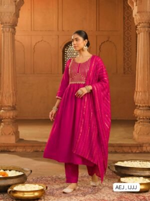 WOMEN'S HEAVY VISCOSE SILK EMBROIDERED FLARED KURTI, PANT & DUPPATA SET'S