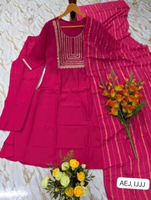 Alternative view of WOMEN'S HEAVY VISCOSE SILK EMBROIDERED FLARED KURTI, PANT & DUPPATA SET'S
