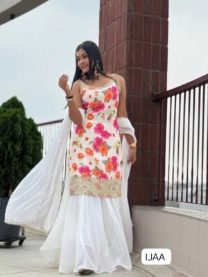 READY TO WEAR COLLECTION 3 PIECE FANCY KURTI WITH BEAUTIFUL FLAIRED PLAZZO AND DUPATTA