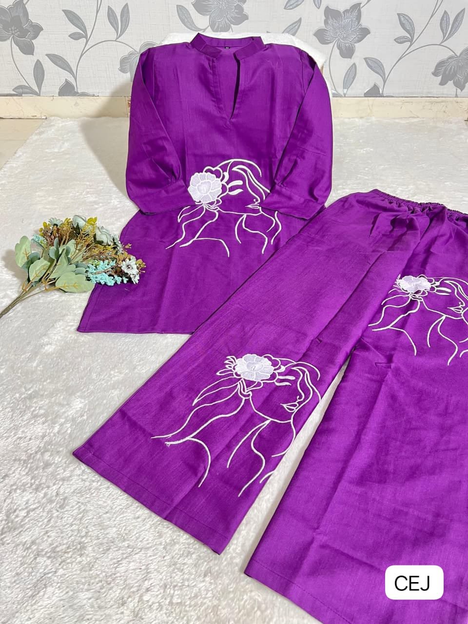 Featuring Beautiful Cord-Set in Soft Tesla Slub Top With Plazzo. it is beautifully decorated with thread work desgins - Image 2