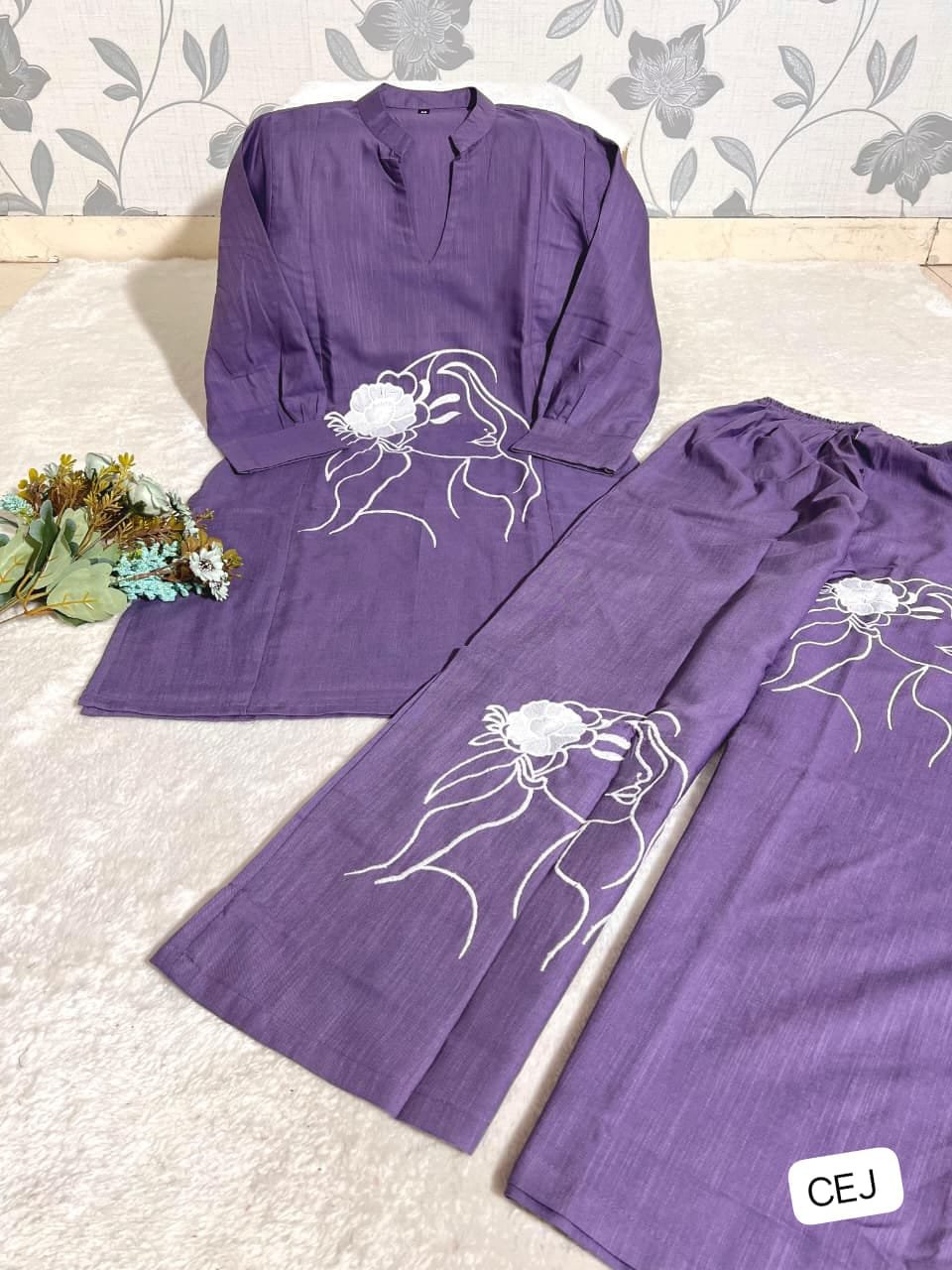 Featuring Beautiful Cord-Set in Soft Tesla Slub Top With Plazzo. it is beautifully decorated with thread work desgins - Image 4