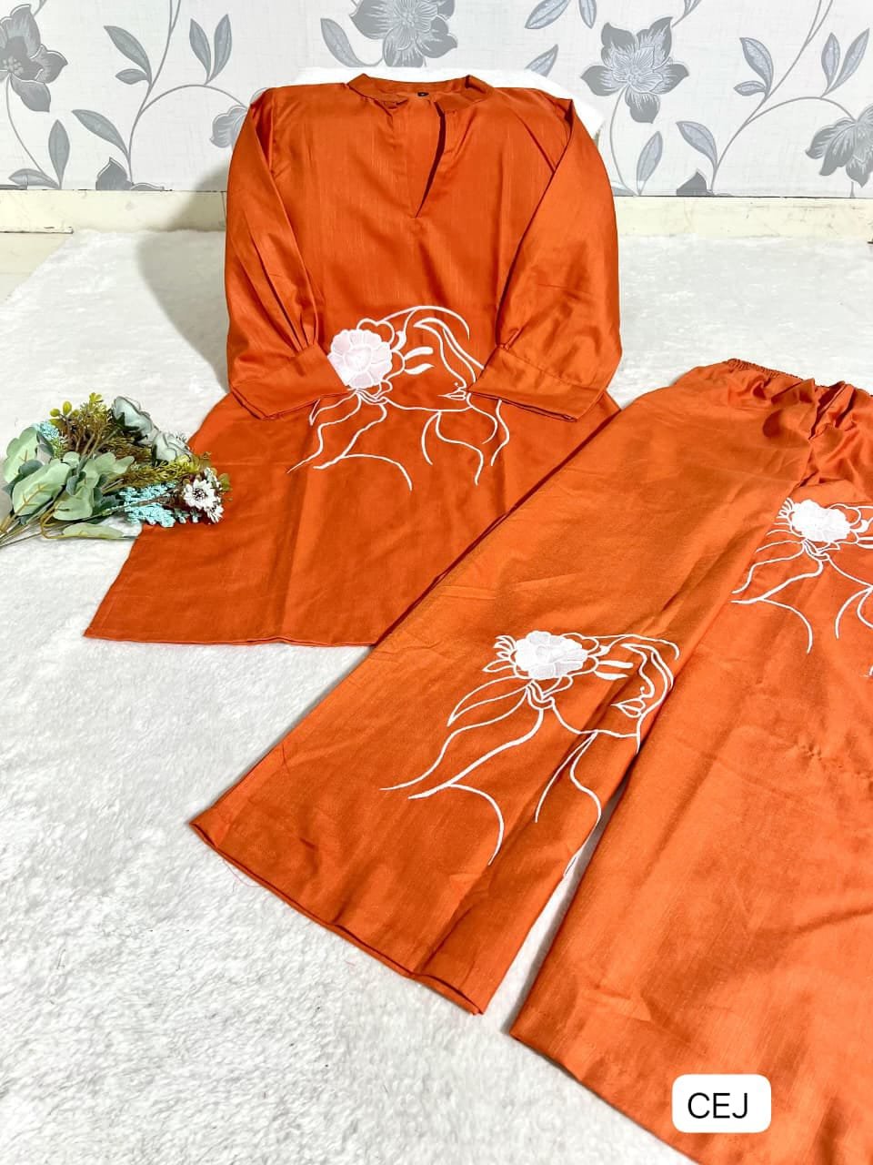 Featuring Beautiful Cord-Set in Soft Tesla Slub Top With Plazzo. it is beautifully decorated with thread work desgins - Image 3