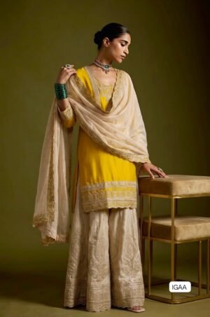 Presenting New Chinnon Silk With Heavy Embroidery Sequence Work Top-Plazo And Dupatta Set With Fully Stitched Ready To Wear Collection
