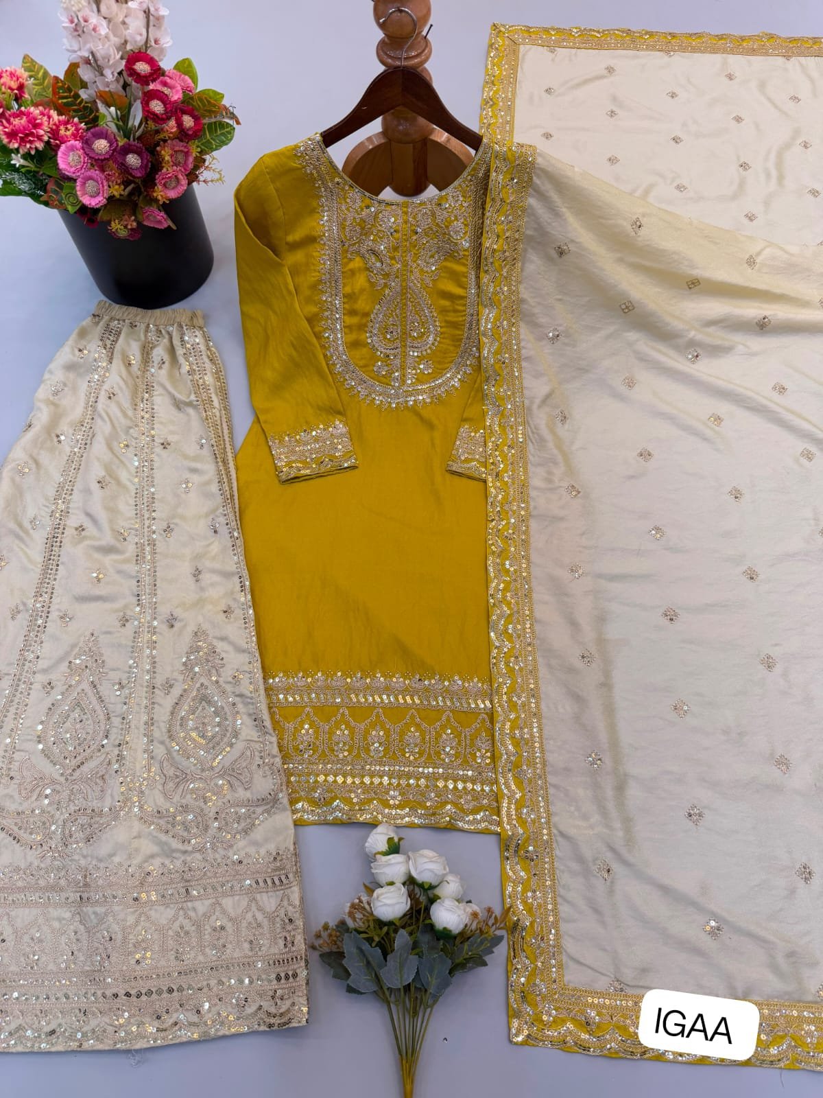 Presenting New Chinnon Silk With Heavy Embroidery Sequence Work Top-Plazo And Dupatta Set With Fully Stitched Ready To Wear Collection - Image 2