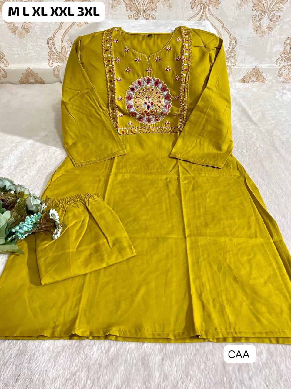 Featuring Beautiful Suit Sets in Soft Tesla Slub Top With Pant, it is beautifully decorated with Multi thread work & Original Mirror desgins - Image 2
