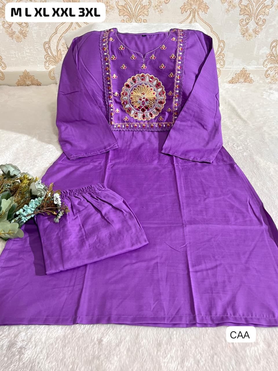Featuring Beautiful Suit Sets in Soft Tesla Slub Top With Pant, it is beautifully decorated with Multi thread work & Original Mirror desgins - Image 5