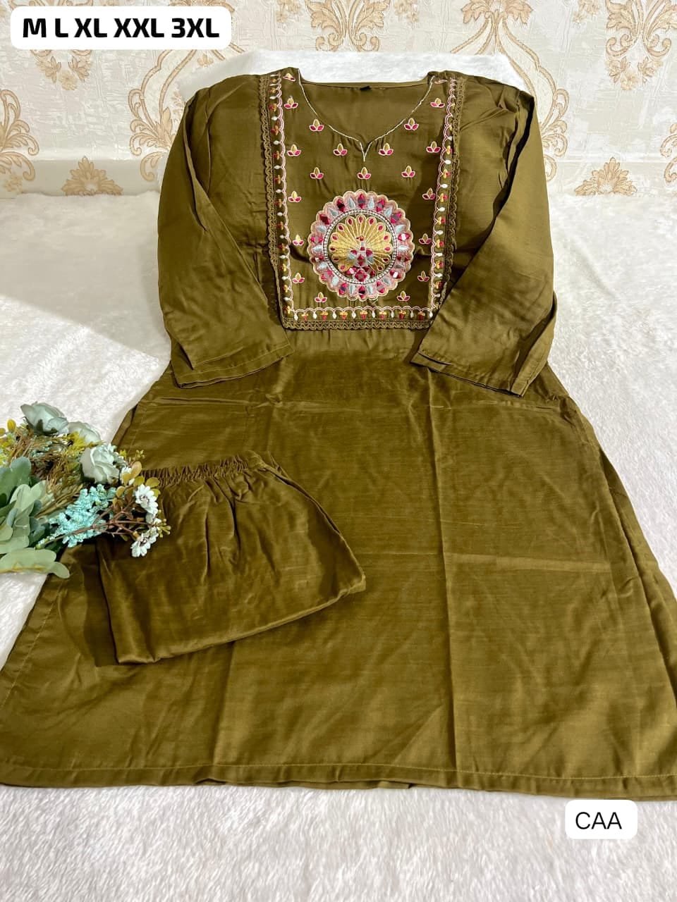 Featuring Beautiful Suit Sets in Soft Tesla Slub Top With Pant, it is beautifully decorated with Multi thread work & Original Mirror desgins - Image 6