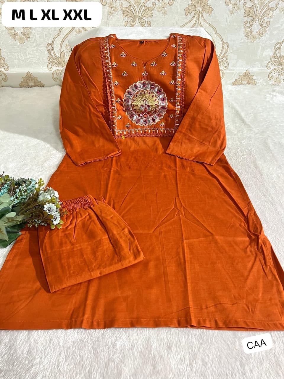 Featuring Beautiful Suit Sets in Soft Tesla Slub Top With Pant, it is beautifully decorated with Multi thread work & Original Mirror desgins - Image 3