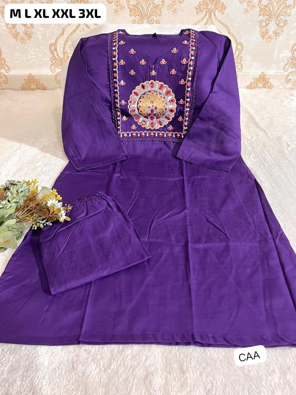 Featuring Beautiful Suit Sets in Soft Tesla Slub Top With Pant, it is beautifully decorated with Multi thread work & Original Mirror desgins - Image 4