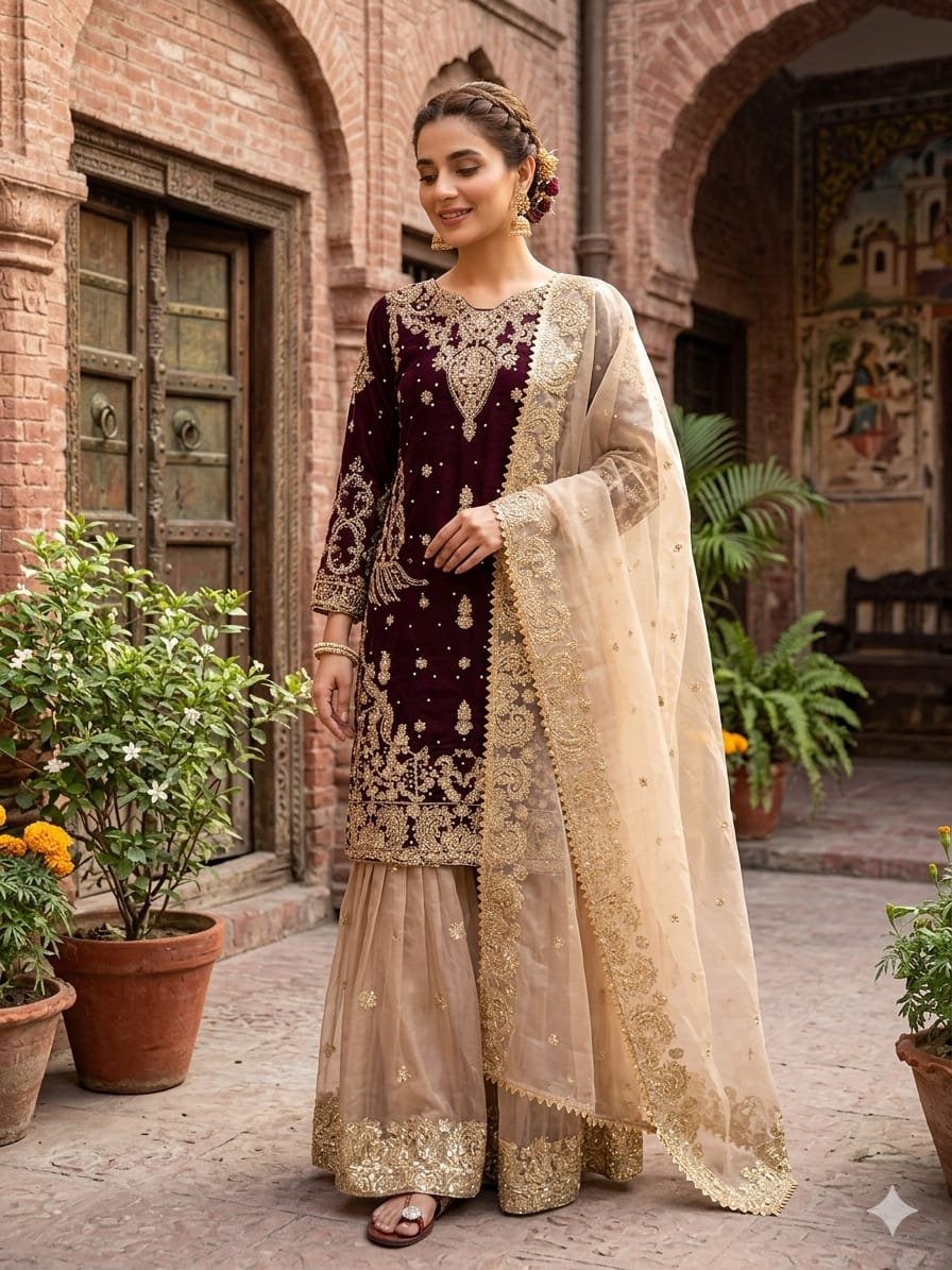 Presenting New Designer Party wear Eid Collection Pure Heavy GMY SILK With Heavy Embroidery Coding Dori-Sequence Work Top-Bottom And Dupatta Set Fully Stitched Ready To Wear