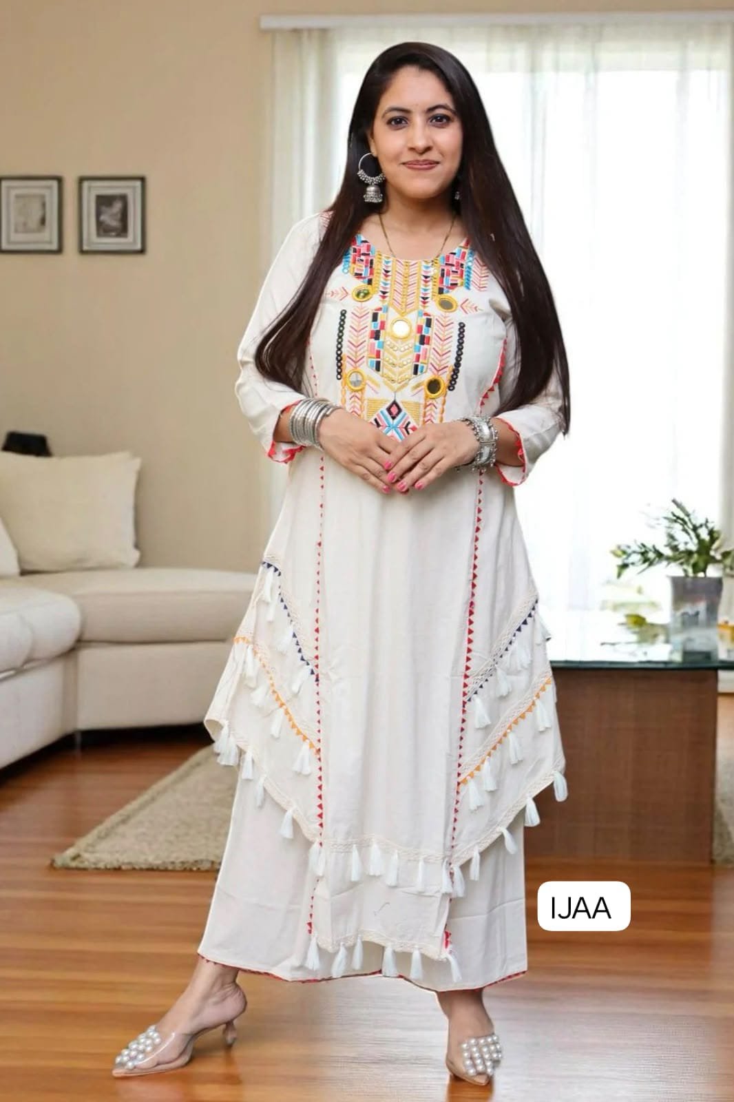 Pure Khadi Cottan With Embroidery Sequence Work With Real Mirror Work