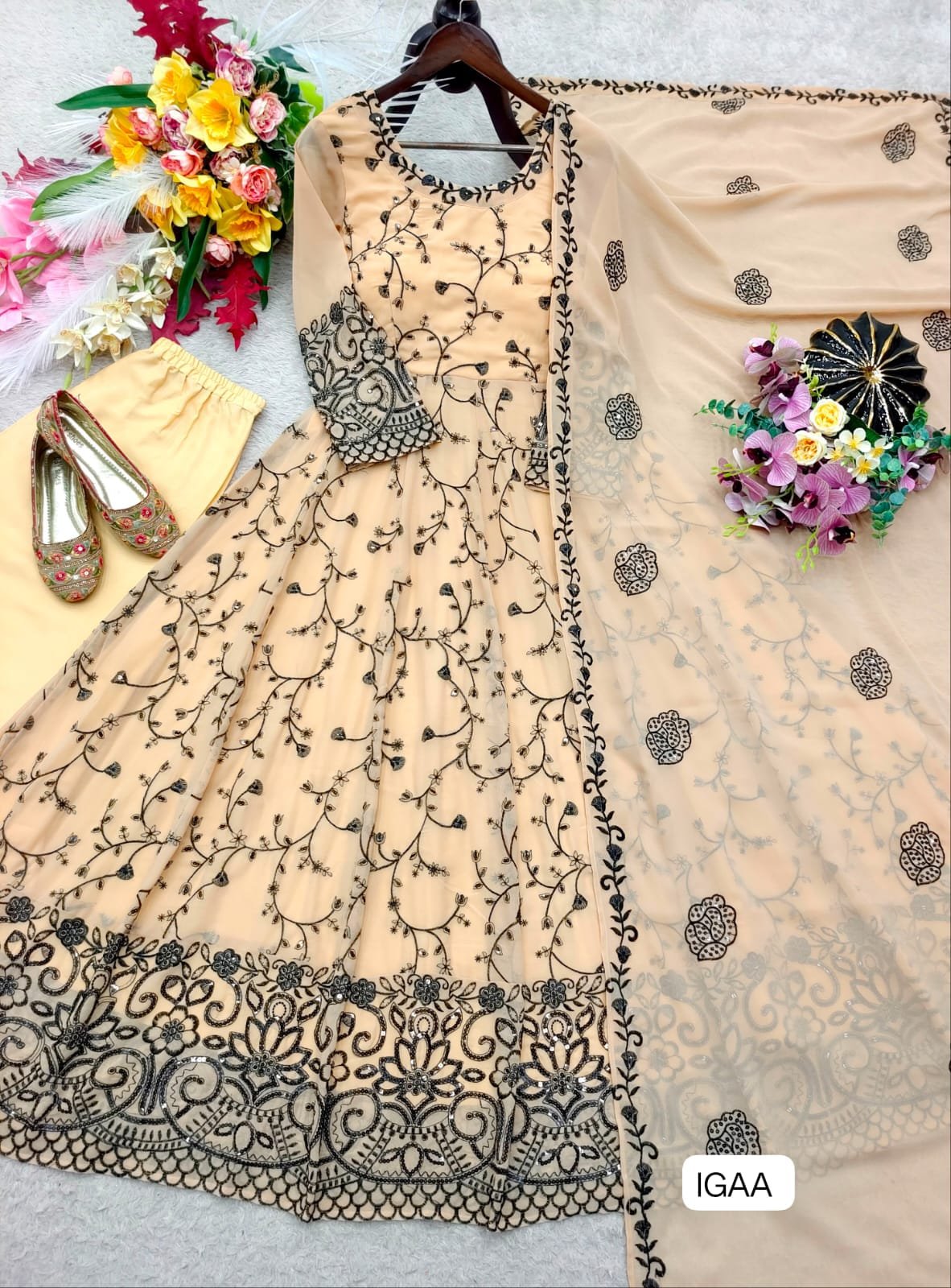 Launching New Design Trending Fox Georgette Gwon & Pent & dupatta Reddy To Wear Look Designe - Image 2