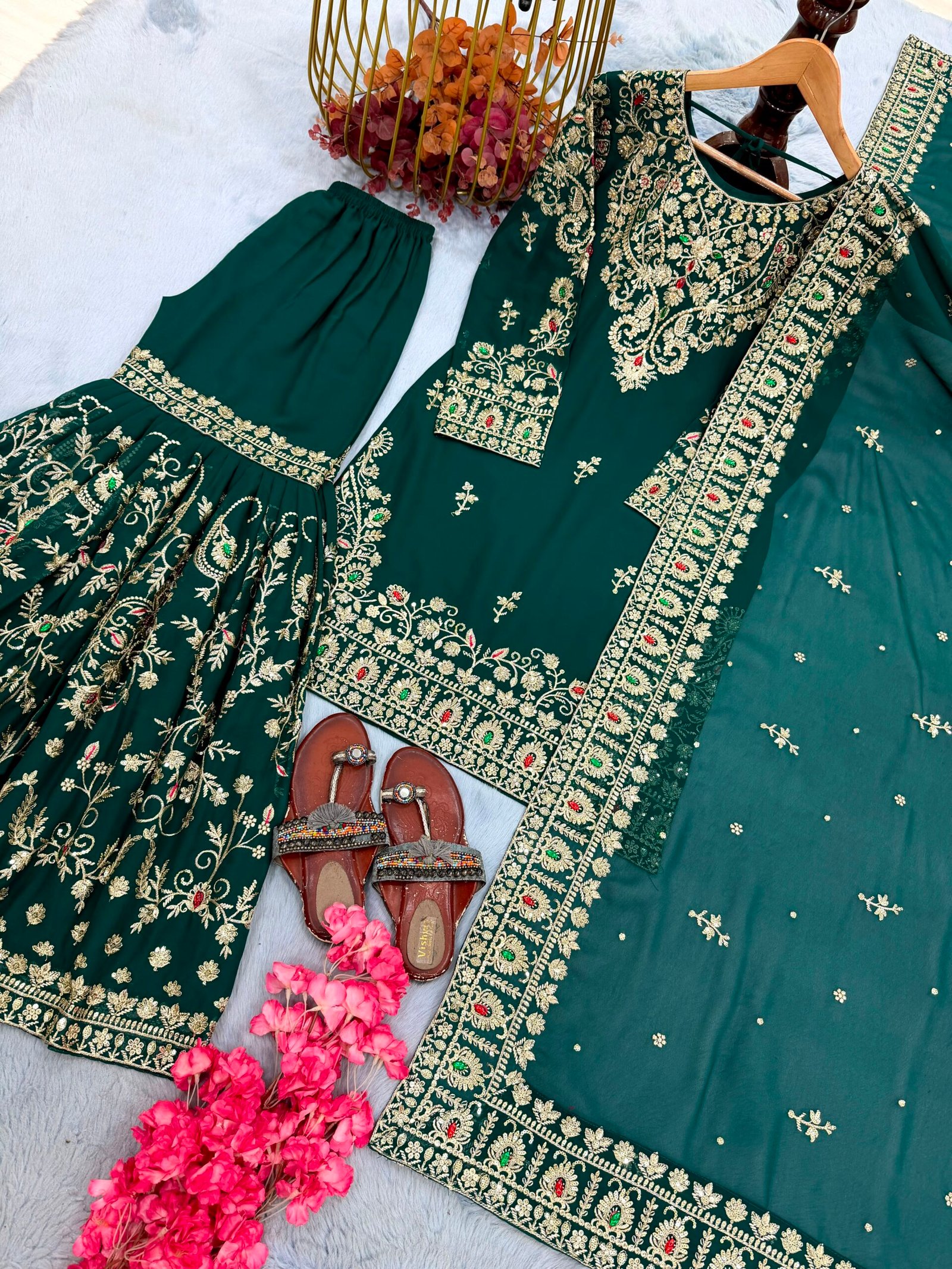 Đěsigner Party Wear Look Heavy Faux Georgette Top Plazzo & Dupatta Set - Image 2