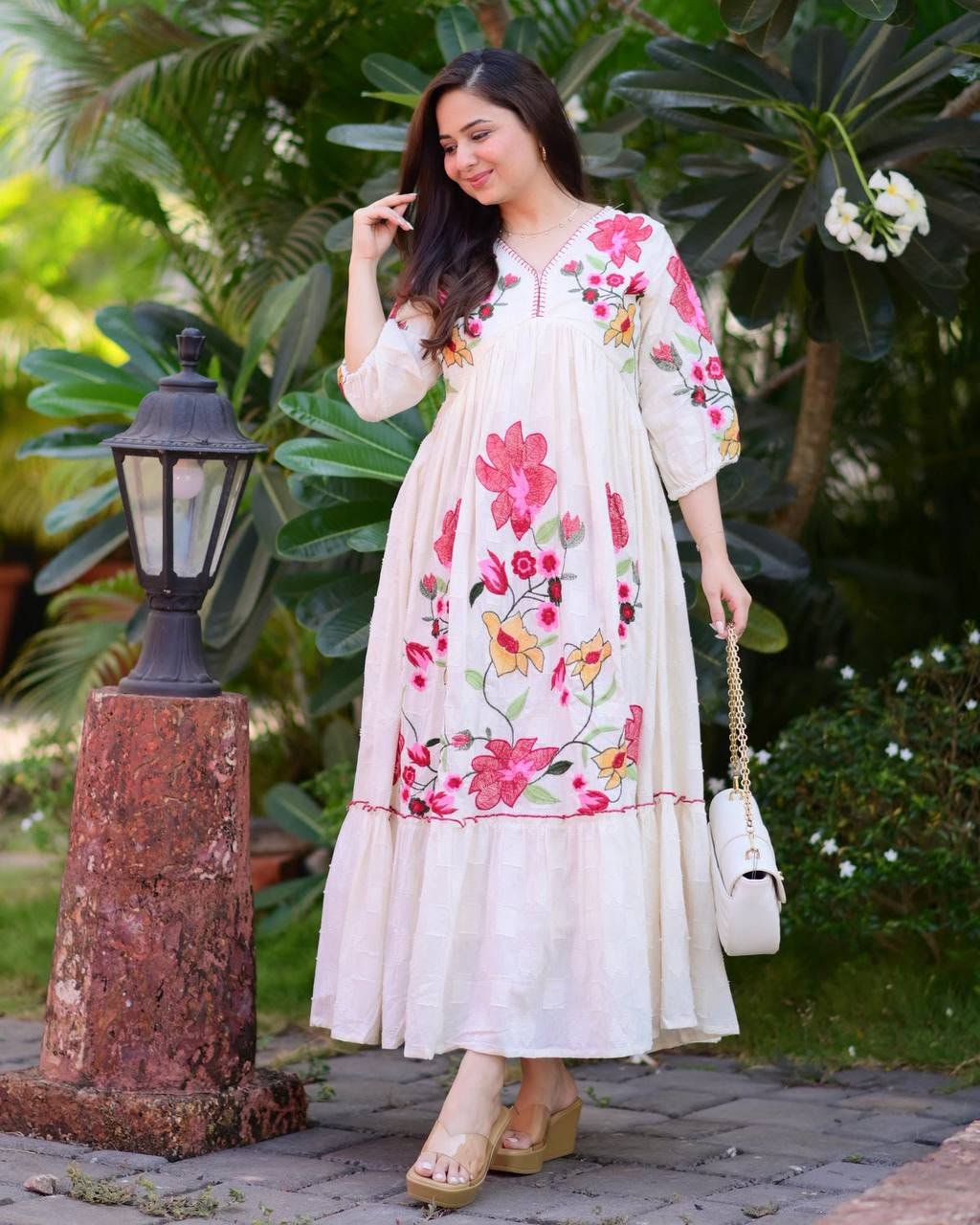 WEAR SUMMER FRIENDLY AND TRENDY MAXI GOWN WITH EMBROIDERY WORK